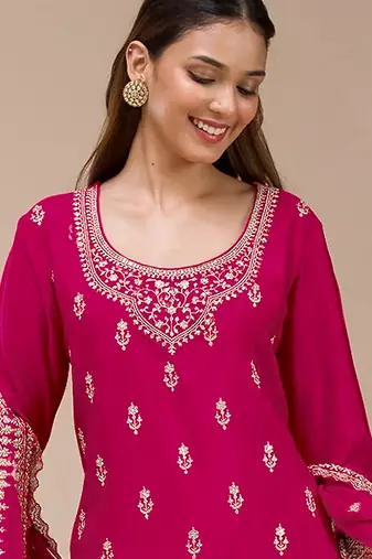 Rani pink embroidered faux georgette salwar suit