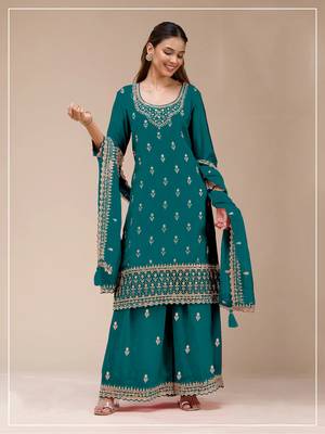 Teal embroidered faux georgette salwar suit 1