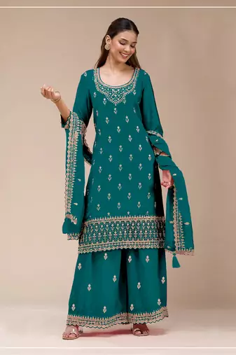 Teal color embroideried faux georgette semi stitched salwar suit