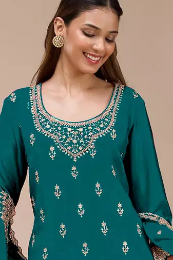 Teal embroidered faux georgette salwar suit