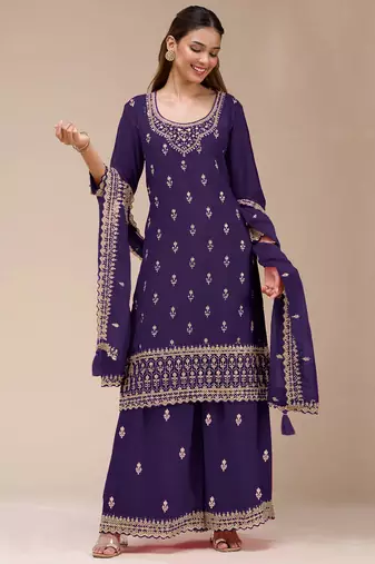 Purple color embroideried faux georgette semi stitched salwar suit
