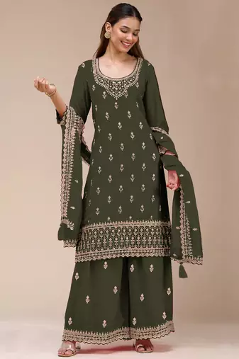 Mehendi color embroideried faux georgette semi stitched salwar suit