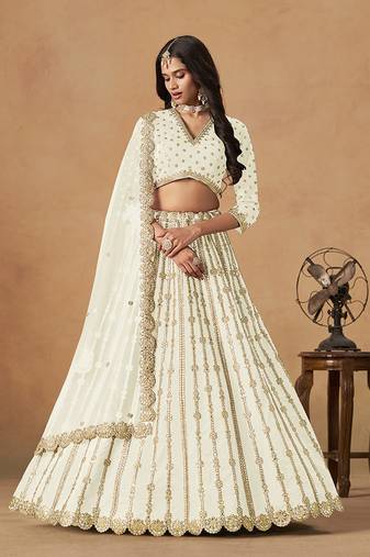 Embroidered Off White Art Silk Designer Long Lehenga Choli