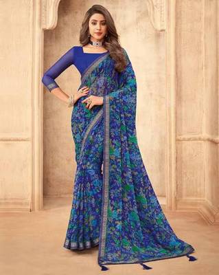 Blue Chiffon Floral Printed Sari,Saree With Unstitched Blouse Piece 1