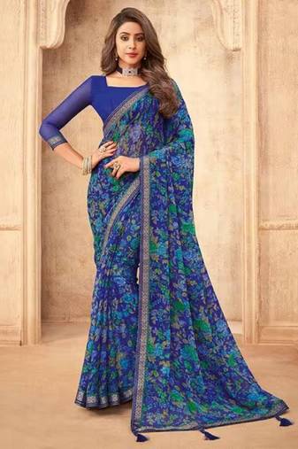 Blue Chiffon Floral Printed Sari,Saree With Unstitched Blouse Piece