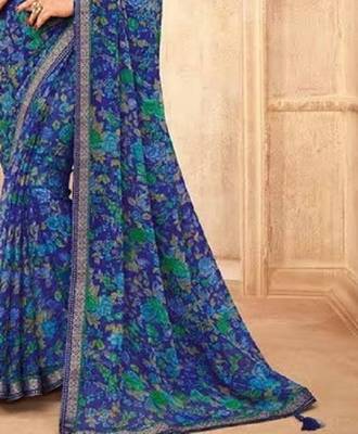 Blue Chiffon Floral Printed Sari,Saree With Unstitched Blouse Piece 2