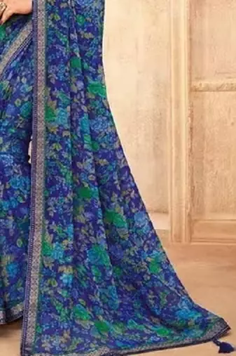 Blue Chiffon Floral Printed Sari,Saree With Unstitched Blouse Piece