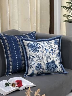 Blue Cotton Blend Cushion Cover, Floral Pillow 16x16, Decorative Cushion, Sofa Decor, Housewarming Gift 1