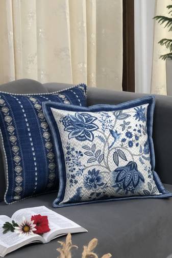 Blue Cotton Blend Cushion Cover, Floral Pillow 16x16, Decorative Cushion, Sofa Decor, Housewarming Gift