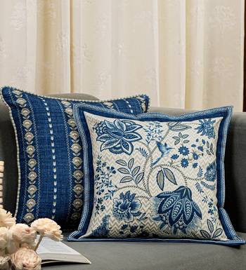 Blue Cotton Blend Cushion Cover, Floral Pillow 16x16, Decorative Cushion, Sofa Decor, Housewarming Gift 3