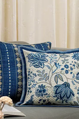 Blue Cotton Blend Cushion Cover, Floral Pillow 16x16, Decorative Cushion, Sofa Decor, Housewarming Gift