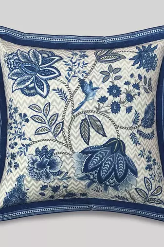 Blue Cotton Blend Cushion Cover, Floral Pillow 16x16, Decorative Cushion, Sofa Decor, Housewarming Gift