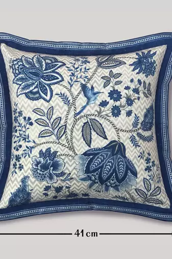 Blue Cotton Blend Cushion Cover, Floral Pillow 16x16, Decorative Cushion, Sofa Decor, Housewarming Gift