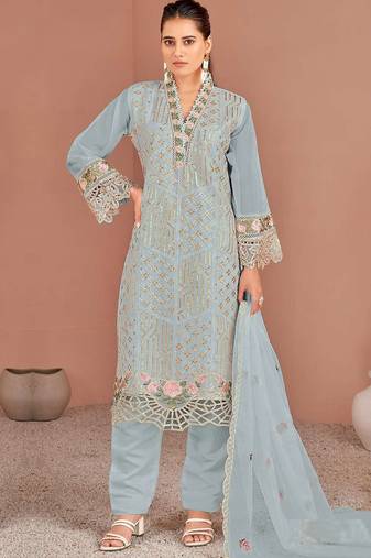 Sky embroidered organza semi-stitched pakistani salwar suit