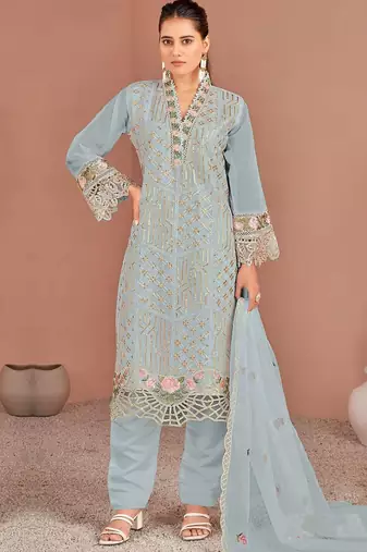 Sky embroidered organza semi-stitched pakistani salwar suit