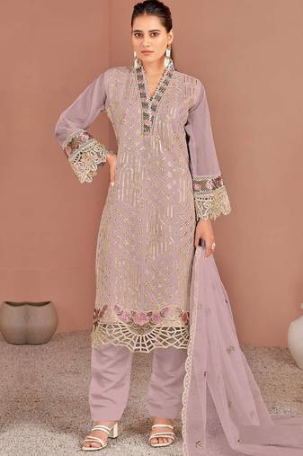 Mauve embroidered organza semi-stitched pakistani salwar suit