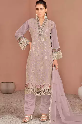 Mauve embroidered organza semi-stitched pakistani salwar suit