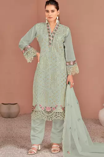 Green embroidered organza semi-stitched pakistani salwar suit