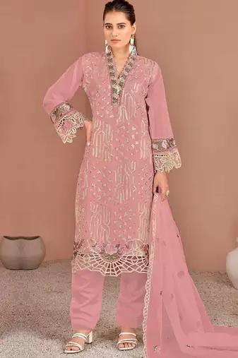 Pink embroidered organza semi-stitched pakistani salwar suit