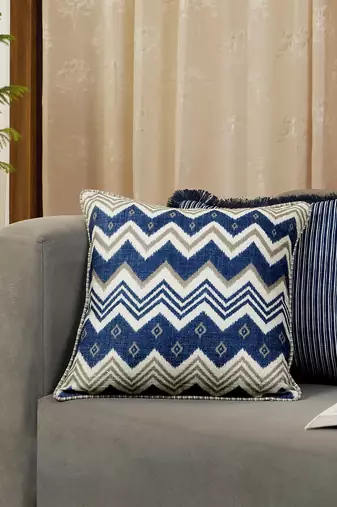 Blue Cotton Blend Abstract 18x18 inches Cushion Cover (1Pc)