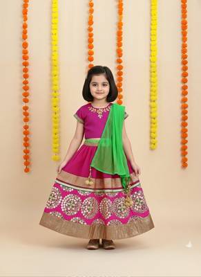 Traditional Magenta & Green Mirror Work Lehenga Choli for Girls 1