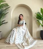 WHITE LOOM TUSSAR SAREE WITH ALL OVER WORLI EMBROIDERY PATTERN