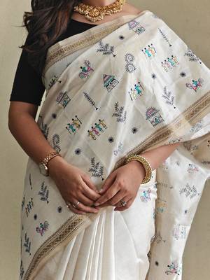WHITE LOOM TUSSAR SAREE WITH ALL OVER WORLI EMBROIDERY PATTERN 4