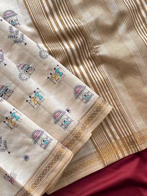 WHITE LOOM TUSSAR SAREE WITH ALL OVER WORLI EMBROIDERY PATTERN 5