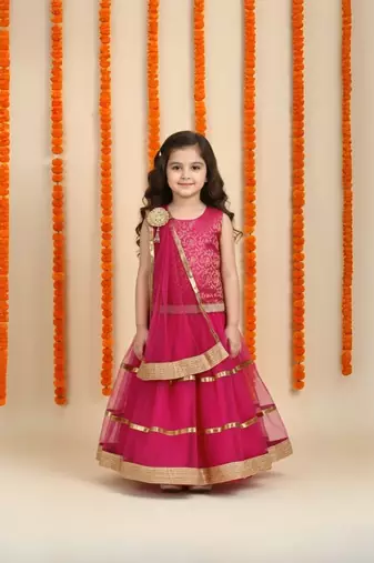 Magenta plain net stitched lehenga