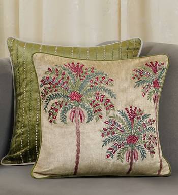 Beige Velvet and Cotton Embroidered Palm Tree Tropical 18x18 inches Cushion Cover (1Pc 1