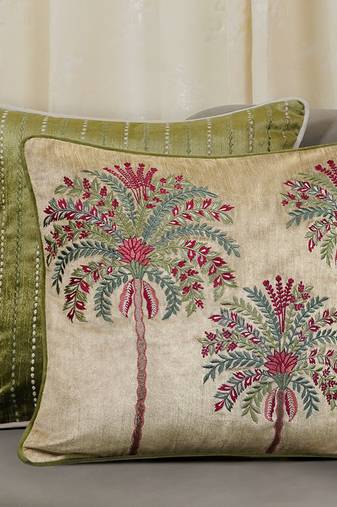 Beige Velvet and Cotton Embroidered Palm Tree Tropical 18x18 inches Cushion Cover (1Pc