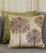Beige Velvet and Cotton Embroidered Palm Tree Tropical 18x18 inches Cushion Cover (1Pc