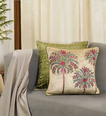 Beige Velvet and Cotton Embroidered Palm Tree Tropical 18x18 inches Cushion Cover (1Pc 2