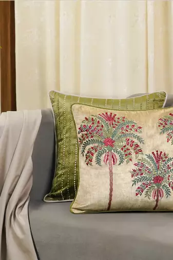 Beige Velvet and Cotton Embroidered Palm Tree Tropical 18x18 inches Cushion Cover (1Pc