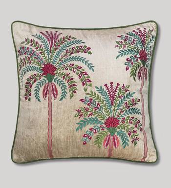 Beige Velvet and Cotton Embroidered Palm Tree Tropical 18x18 inches Cushion Cover (1Pc 4