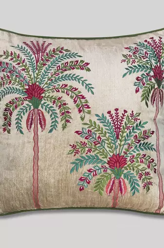 Beige Velvet and Cotton Embroidered Palm Tree Tropical 18x18 inches Cushion Cover (1Pc
