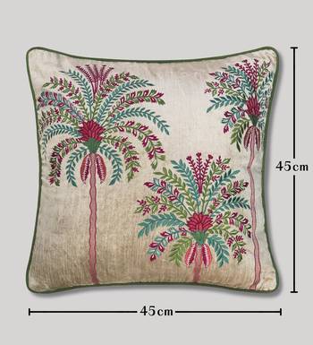 Beige Velvet and Cotton Embroidered Palm Tree Tropical 18x18 inches Cushion Cover (1Pc 5