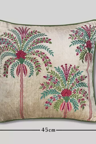 Beige Velvet and Cotton Embroidered Palm Tree Tropical 18x18 inches Cushion Cover (1Pc