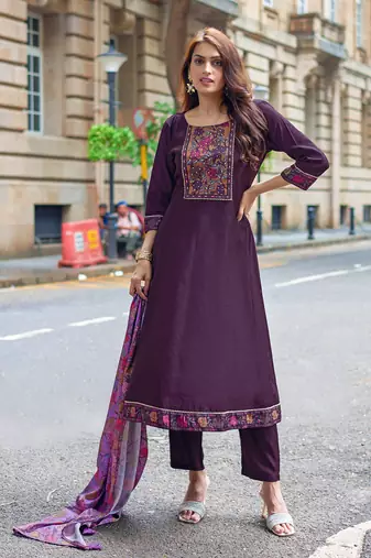 Women Modal Silk Handwork Kurta With Pant & Dupatta