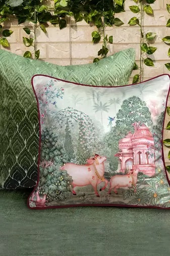 Pichwai Cushion Cover     Beige Devotion 16x16, 1pc