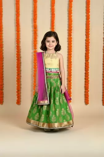 Green printed cotton stitched lehenga