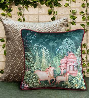 16x 16 Pichwai Cushion Cover     Green Devotion 1