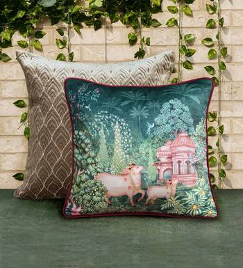 16x 16 Pichwai Cushion Cover     Green Devotion 2