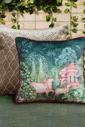 16x 16 Pichwai Cushion Cover     Green Devotion