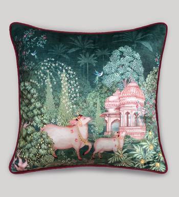16x 16 Pichwai Cushion Cover     Green Devotion 3