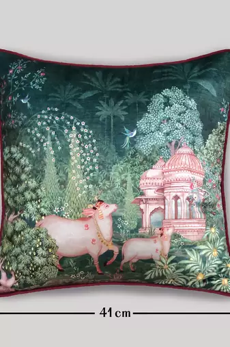 16x 16 Pichwai Cushion Cover     Green Devotion