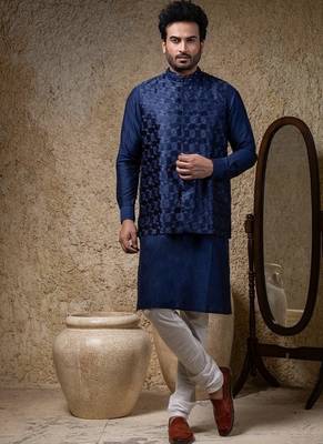 Blue embroidered cotton silk nehru jacket 1