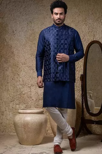 Blue embroidered cotton silk nehru jacket