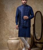 Blue embroidered cotton silk nehru jacket