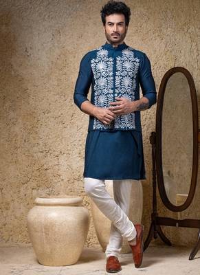 Blue embroidered cotton silk nehru jacket 1